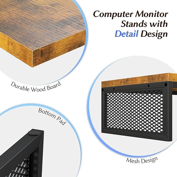 EnHomee 55.2" Computer Monitor Stand, Desk Shelf for Top of Desk for 3 * 23" Monitors/Laptop Computer/PC/Printers, TV Riser for 65 60 55 Inch TV for Bedroom Home Office, Rustic Brown