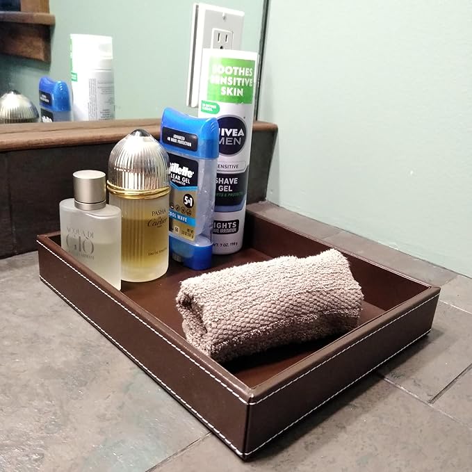 Valet Tray, Desk Tray, Nightstand Organizer for Men, Brown PU Leather, 10.3 x 8.3 x 1.6 inches