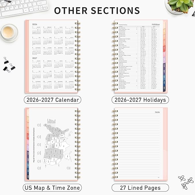 RETTACY 2026-2027 Monthly Planner, Jan 2026 - Dec 2027, Medium Size (5.7" x 8.3"), Agenda, Calendar, 24 Month Tabs, Flexible Plastic Cover, 100 GSM Thick Paper, Spiral-bound (Pink)