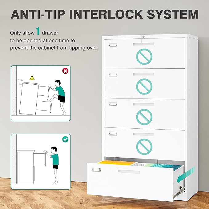 SISESOL 5 Drawer Lateral File Cabinet with Lock,White Lateral Filing Cabinet,Horizontal Metal Filing Cabinets,Large Locked Wide Five Drawer File Cabinets for Office Home,Fit A4/F4/Letter/Legal File