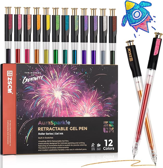 Retractable Super Glitter Gel Pens, 12 Colors Large Capacity Metallic Sparkle Gel Ink Pens, 1 mm Fine Point Smooth Writing Color Pen for Adult Coloring Book Note Taking Aesthetic Art Supplies