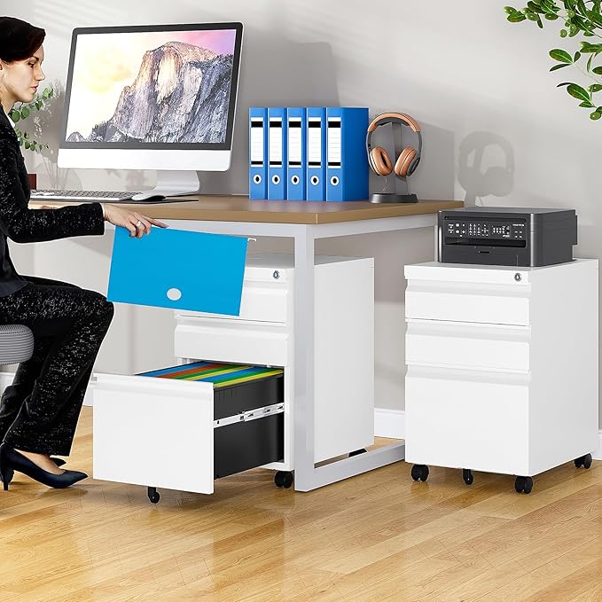Assembled 3 Drawer File Cabinet with Wheels,Under Desk File Cabinet with Lock,White Rolling Filing Cabinets, Metal Filing Cabinets for Home Office,Fit A4/Letter/Legal,Pre-Assembled Except Caster