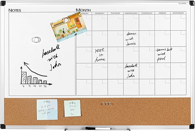 VUSIGN Monthly Calendar Whiteboard Dry Erase Cork Board Combo, 24" x 36" Planning Board, Silver Aluminium Frame
