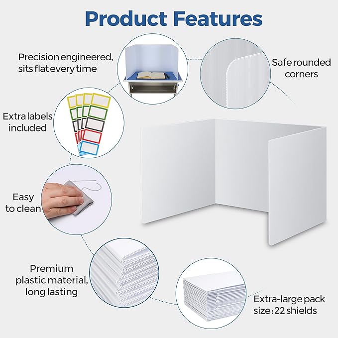 22 Pack Classroom Privacy Shields for Student Desks - Easy to Clean Plastic Sneeze Guard Folder Desk Divider Study Carrel - Classroom Materials for School Teachers - Includes Extra Labels