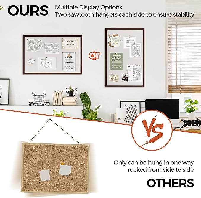 Fun Memories Cork Board Bulletin Board for Office, 20" x 30" Pine Wooden Framed Corkboard, Wall Mounted Notice Pin Board for School Home & Office, Dark Walnut