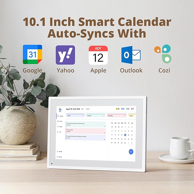 Dragon Touch 10.1 inch Digital Calendar Chore Chart – Interactive Touchscreen, Smart Family Planner, Hearth Display Desk Digital Calendar Seamless Scheduling white