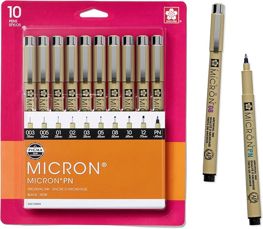 SAKURA Pigma Micron Fineliner Pens - Archival Black Ink Pens - for Writing, Drawing, or Journaling - Assorted Point Sizes - 10 Pack