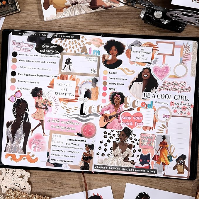 Black Girl Decal Stickers Book For Planners, Calendars, Journals, Vision Boards, Projects, Laptop & Water Bottles – Premium Quality, Hand Drawn, Waterproof – Scrapbook Accessories For Women - 24 Pages