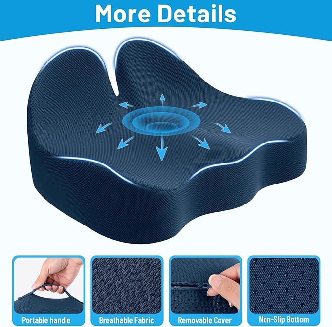 Seat Cushion, Memory Foam Office Chair Cushions, Ergonomic Curved Design for Sciatica, Tailbone, Coccyx, Seat Support for Car, Desk Chair, Wheelchair, Enhances Long Sitting Comfort (Blue)
