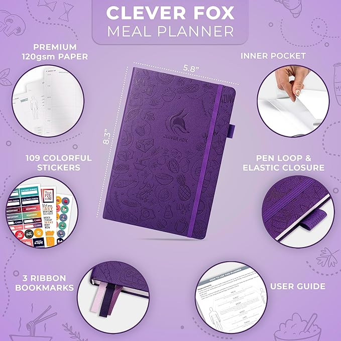 Clever Fox Weekly Meal Planner - Weekly & Daily Meal Prep Journal with Shopping and Grocery Lists for Menu Planning, Healthy Diet & Weight Loss Tracking, Lasts 1 Year, Undated, A5 - Purple