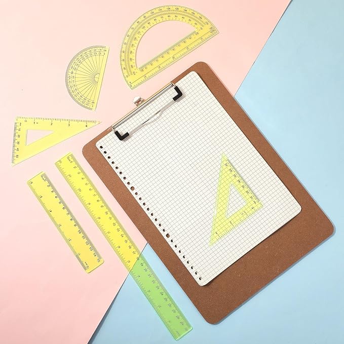 Tenare 1 Set Plastic Clear Math Set Includes Protractor Triangle Rulers 12 Inch 6 Inch Straight Geometry Math Transparent Ruler Measuring Tool for School Office Home Supplies(Yellow)