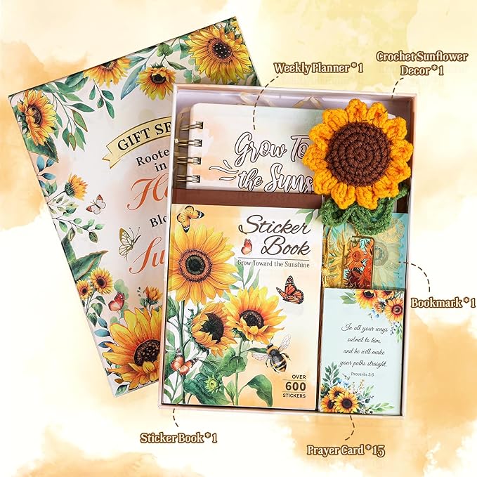 Sunflower Gift Set for Women - 25 Sheets Planner Stickers 600+ Stickers, Weekly Prayer Journal, Crochet Keychain, Metal Bookmark, 30 Prayer Cards, Gift for Women Teens, Christian Gifts, Birthday Gifts