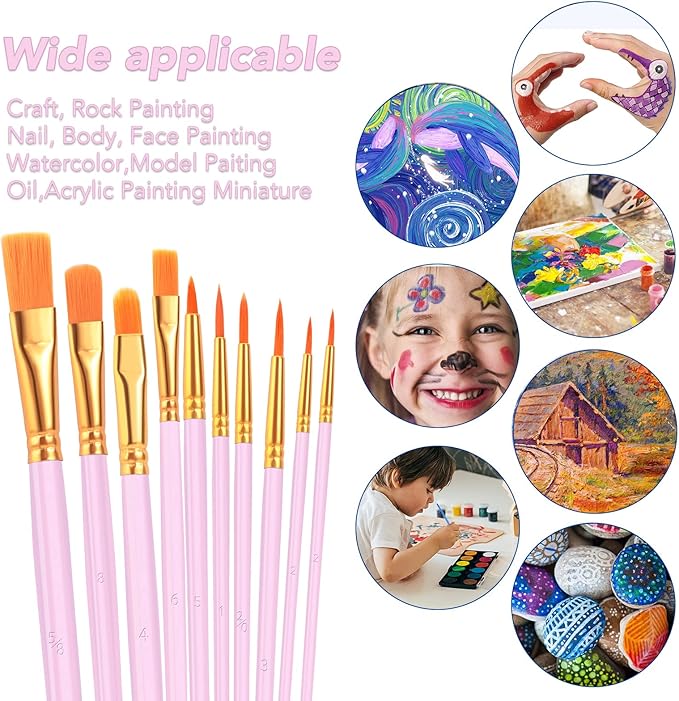 ESRICH Acrylic Paint Brushes Set, 16 Packs/160 Pcs, Pink, Suitable for Acrylic, Oil, Watercolor,Rock Body Face Nail Art,Perfect Suit of Art Painting, Best Gift for Kids Adult Drawing