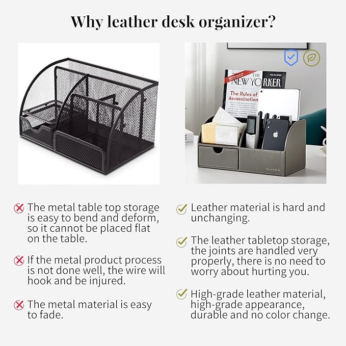 Vlando Desk Organizer with Drawer, Back to School Supplies - 5 Compartment Desktop Storage Holder with Organizer Section for Desk Accessories (Gray)