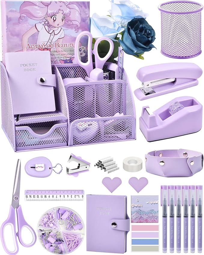 Purple Desk Accessories, 26Pcs Office Supplies and Desk Organizers, with Tape Dispenser, Stapler, Staple Remover Ect, Christmas Gifts