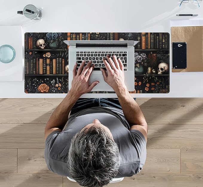 Dark Bookshelf Desk Pad Gothic Gaming Mouse Mat XL, Black Large Computer Keyboard Mat Mystery Flowers Desk Mat, Cool Mouse Pad Full Desktop Mat, Vintage Desk Decor Accessories 31.5" x 11.8"