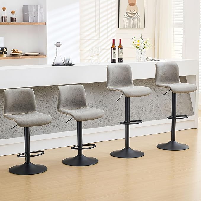 HeuGah Swivel Bar Stools Set of 4, Counter Height Bar Stools with Back, Adjustable Bar Stools 24" to 32", Gray Faux Leather Bar Chairs for Kitchen Island (Gray, Set of 4 (24'' to 32''))