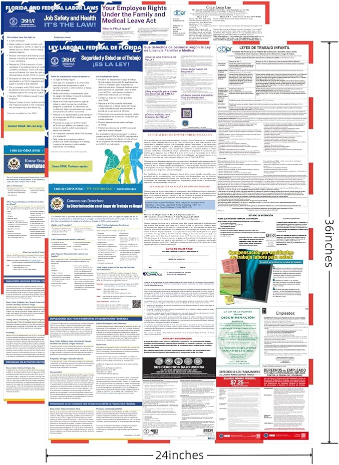 2026 Florida State and Federal Labor Laws Poster - English & Spanish Combo - OSHA Workplace Compliant - UV Waterproof Laminated 24" x 36" - Mandatory Regulations Posting for Employees