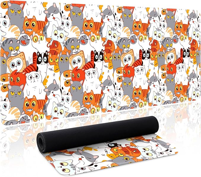 Cute Anime Cat Mouse Pad Large Desk Mat Extended Kawaii Keyboard Mouse Pad Mousepad with Non-Slip Base and Stitched Edge Funny Mouse Mat Desk Pad 31.5 X 11.8 in Mouse Pads for Desk Gaming Home Office