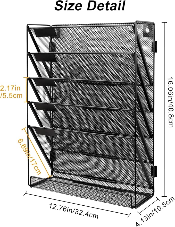 EasyPAG 5-Tier Wall File Holder, Mesh Hanging Folder Organizer with Classify Label, Versatile Desk File Organizer for Office Home, Vertical Wall Mounted Mail Sorter, Easy Assembly, 2 Pack Black