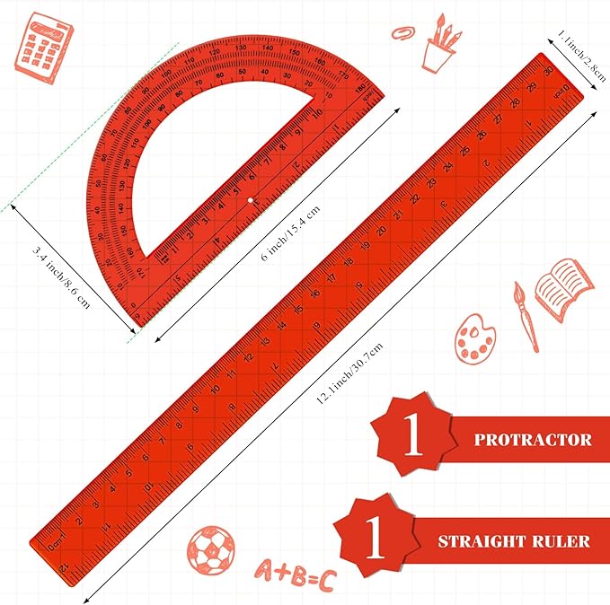 Zonon 2 Pack 12'' Plastic Ruler and 6'' Plastic Protractor Set Clear Ruler Protractor Set Math Geometry Supplies for School Classroom Home Office Drawing (Red)