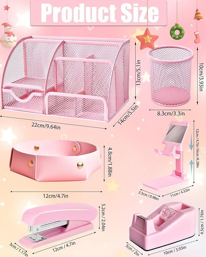 Pink Desk Accessories, 24Pcs Pink Office Supplies and Desk Organizers, with Tape Dispenser, Stapler, Staple Remover, Ect, Christmas Gifts