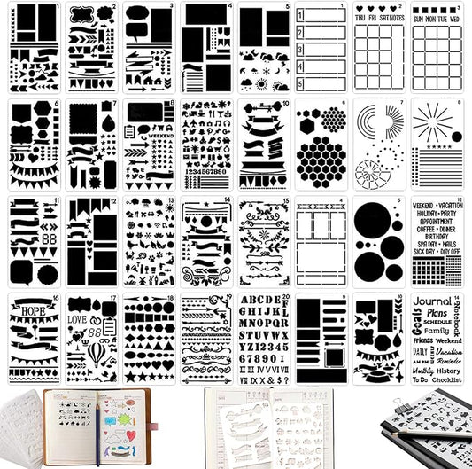 32Pcs Planner Stencils Templates for Calendar, Journal Stencils for Bullet Journaling, Reusable Plastic Handmade Flexible Record Template for DIY Drawing, Notebook & Scrapbook Accessories (4"x7")