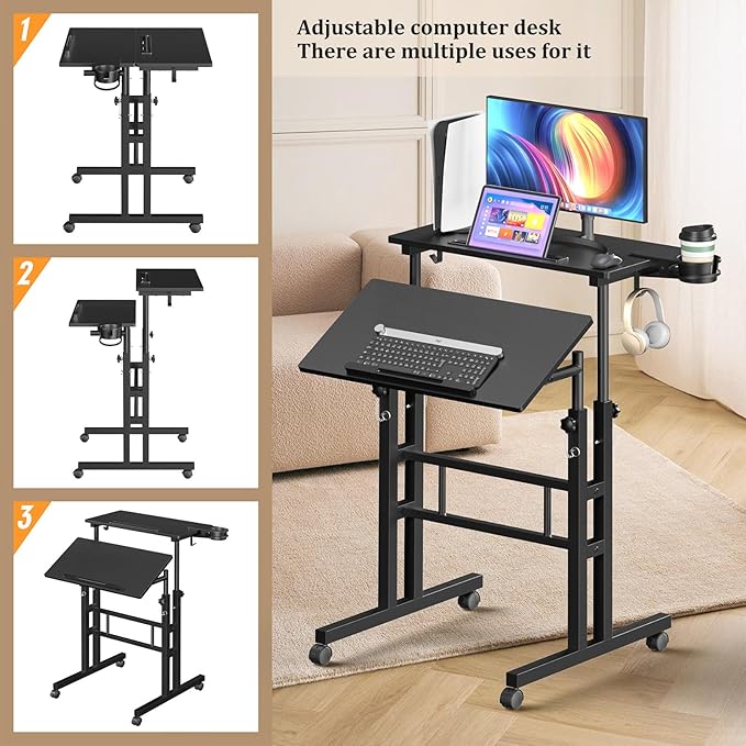 Small Standing Desk with Wheels, Mobile Stand Up Desk, Portable Standing Table on Wheels for Walking Pad, Rolling Computer Desk Adjustable Height, Tall Table