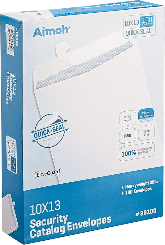 Aimoh 500 10x13 Self-Seal Security White Catalog Envelopes - 28lb, Security Tinted, Ultra Strong Quick-Seal, 10 x 13 inch - 1 Case - 5 Packs - 500 Envelopes (39100-Case)