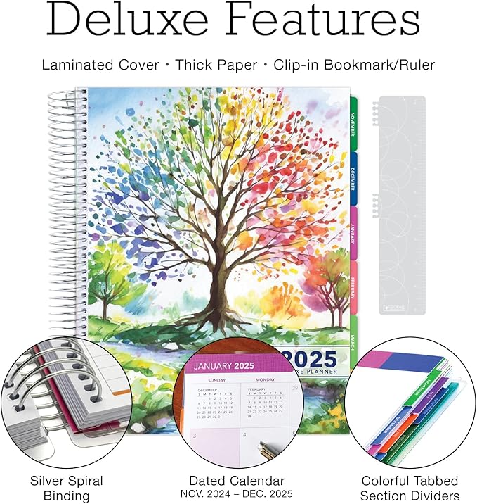 Deluxe 2025 Planner, 8.5"x11": 14 Months (November 2024 - December 2025), Includes Page Tabs, Bookmark, Planning Stickers, Pocket Folder Daily Weekly Monthly Planner Yearly Agenda (Tree Season)