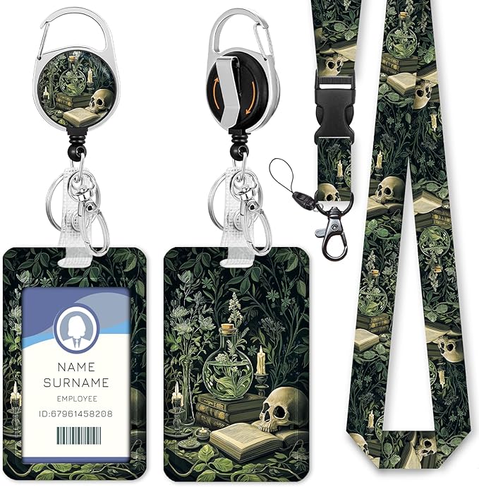 Gctriki Goth Lanyards for ID Badges, Skull Plants id Holder with Lanyard, Retractable Badge Reel Clip Keychain Name Tag Protector for Women Teacher Nurse Doctor Student Worker Office Gift Gothic Book