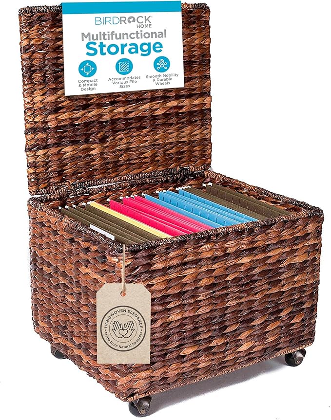 BIRDROCK HOME Seagrass Rolling File Cabinet - Storage Organizer Box with Lid - Home Office Decor - Decorative Organize - Letter Legal Hanging Filing Container - Strong Durable Toy Pillow - Espresso