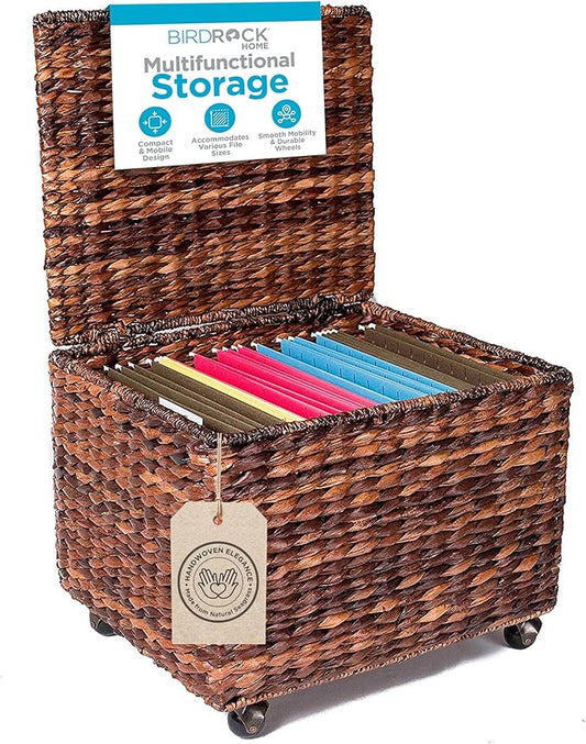 BIRDROCK HOME Seagrass Rolling File Cabinet - Storage Organizer Box with Lid - Home Office Decor - Decorative Organize - Letter Legal Hanging Filing Container - Strong Durable Toy Pillow - Espresso