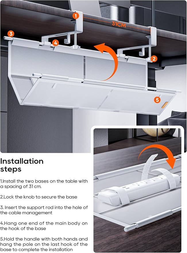 Under Desk Cable Management Tray No Drill, Cable Ties Included, Eco-Friendly Canvas Material, Mesh Design for Heat Dissipation, Cable Organizer/Storage for Standing Desk(27inch, White)