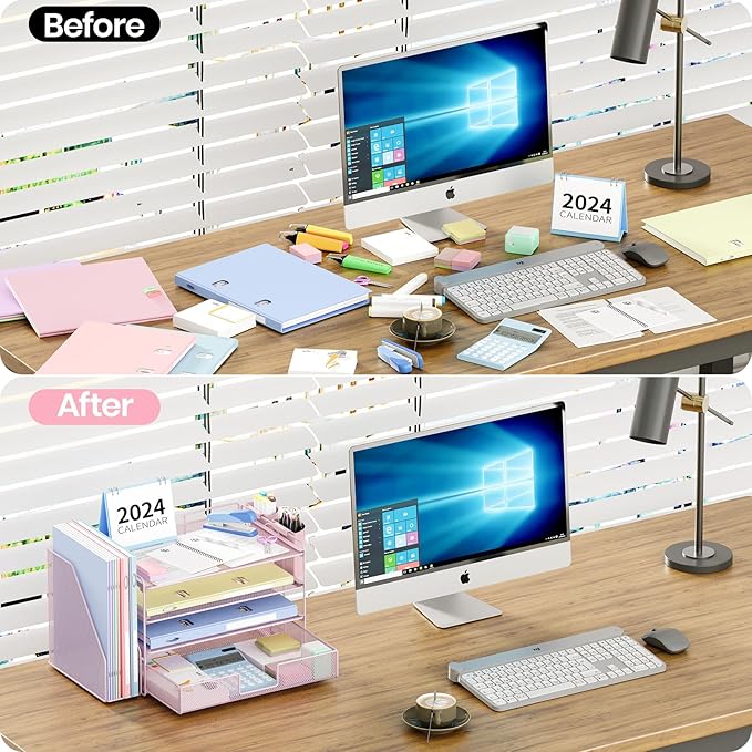 OPNICE Desk Organizer and Accessories, 4-Tier Desktop File Organizer with Drawer and 2 Pen Holders, Office Desk Accessories, File Sorters, Workspace Organizers for Office Supplies(Pink)