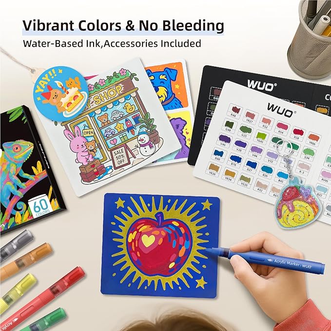 WUO 60 Colors Acrylic Paint Markers (2 Metallic), Automatic Ink Control Brush Tip for Multi-Surface, Water-Based No-Bleed Markers Acrylic Paint Pens for Rock Painting, Wood, Canvas, Glass, DIY Crafts