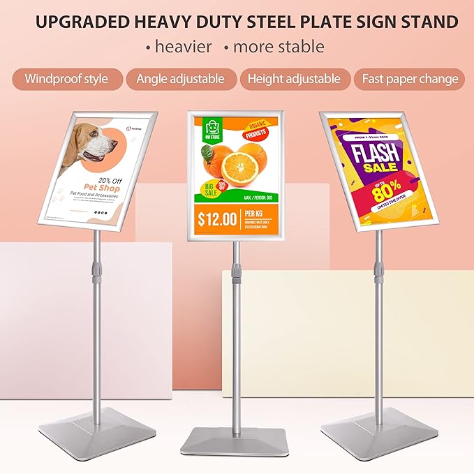 11"x17" Pedestal Poster Stand with Heavy Duty Solid Steel Base, Adjustable Floor Standing Sign Holder for Vertical and Horizontal Display, Silver 3Pack