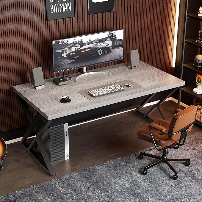 LVB Grey Computer Office Desk, Industrial Wood PC Gaming Gray Desk for Home Office, Modern Wooden Metal Study Work Bedroom Table, Farmhouse Executive Writing Desk with Storage, 55 Inch, Light Grey Oak