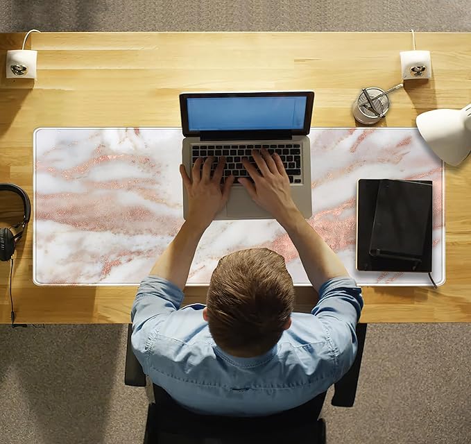 Cute Desk Mat Rose Gold Marble Mouse Pad Gaming XL Large Extended Desk Matt for Desktop Aesthetic Desk Pad, Laptop Keyboard Mouse Mat for Women Office Desk Decor Accessories Deskmat 31.5x11.8 in