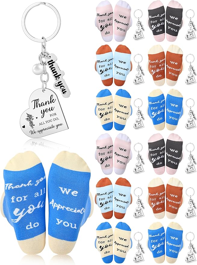 24 Pcs Employee Appreciation Gifts Thank You for All You Do Socks Stainless Steel Keychains for Staff Coworker Team