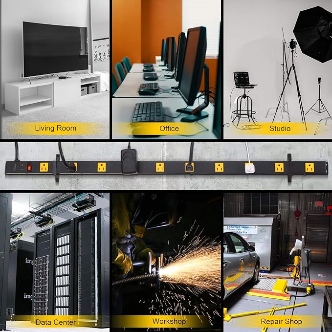 SURAIELEC 10 Outlet Long Power Strip Surge Protector, Industrial Heavy Duty Metal Shop Power Strip with Flat Plug, 1000 Joules, 15 AMP Breaker, 6FT Cord, Wall Mountable, for Work Bench, Shop, Garage