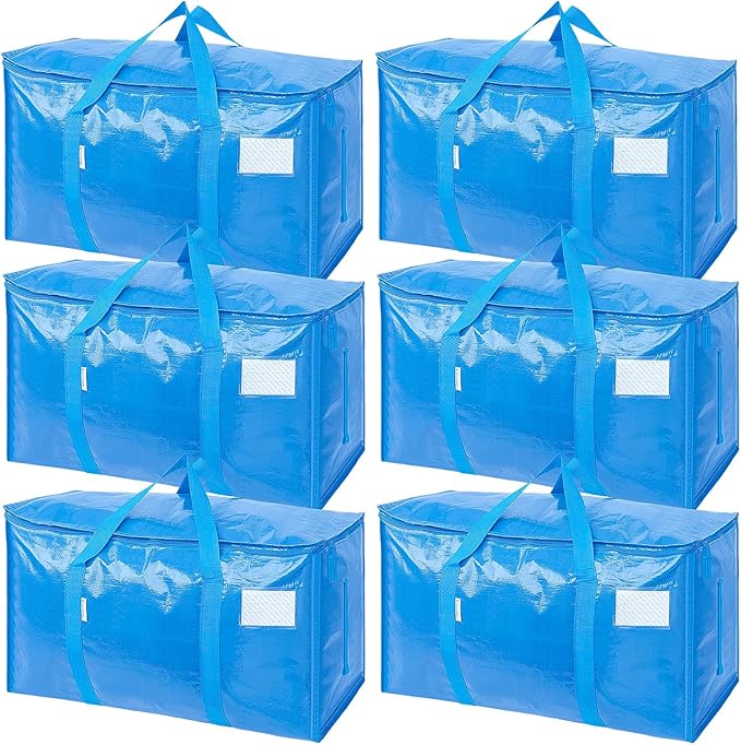 TICONN 6 Pack Extra Large Moving Bags with Zippers & Carrying Handles, Heavy-Duty Storage Tote Moving Boxes for Space Saving (6 Pack, Sky Blue)