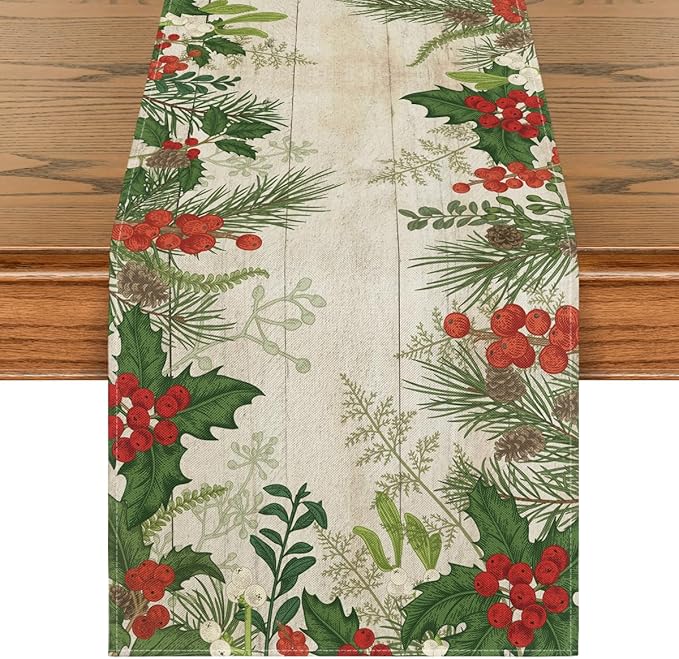 Artoid Mode Holly Fir Wood Pine Cone Leaves Christmas Table Runner, Seasonal Winter Holiday Kitchen Dining Table Decoration for Home Party Decor 13x72 Inch