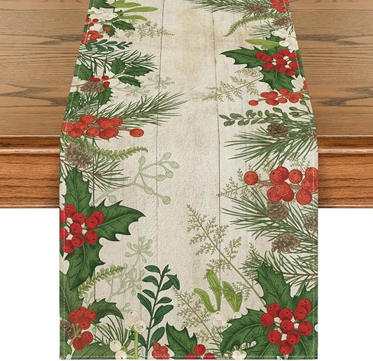 Artoid Mode Holly Fir Wood Pine Cone Leaves Christmas Table Runner, Seasonal Winter Holiday Kitchen Dining Table Decoration for Home Party Decor 13x120 Inch