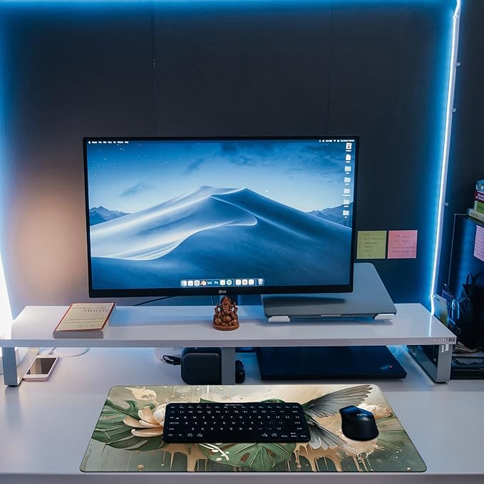 Desk Pad, Elegant Hummingbird Desk Mat, Oil Painting Flowers and Leaves Large Gaming Mouse Pad, 31.5"x15.7" Extended Big Computer Mouse Pad with Non-Slip Base and Stitched Edge