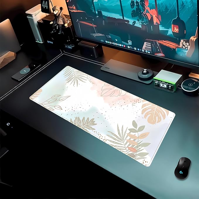 Pastel Boho Leaf Desk Mat Aesthetic Gaming Mouse Pad XL Large Extended Desk Pad Anime Desk Matt for Desktop, Laptop Computer Keyboard and Mouse Mat for Women Office Decor Accessories 31.5x11.8 in
