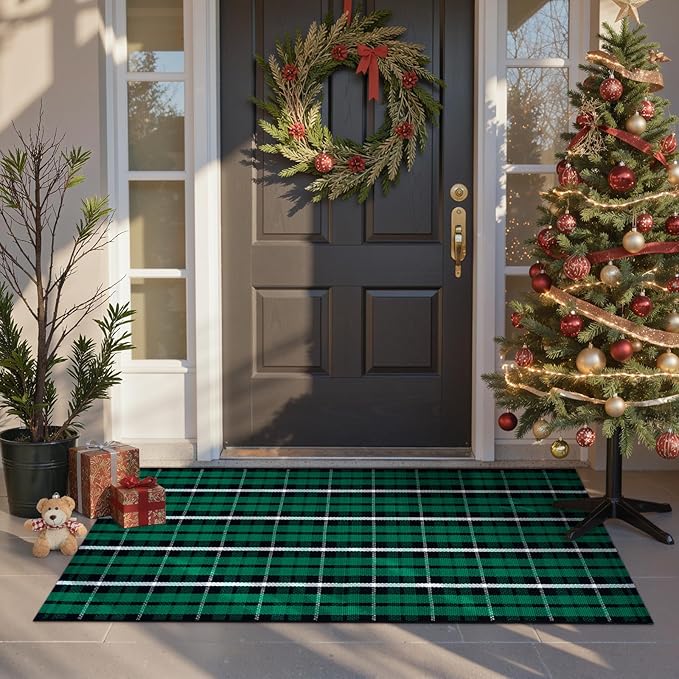 Christmas Door Mat Outdoor 24"x51", Green/Black Buffalo Plaid Front Porch Rug Cotton Hand-Woven Washable Layered Door Mats,Reversible Checkered Floor Rugs for Home Decor Outside