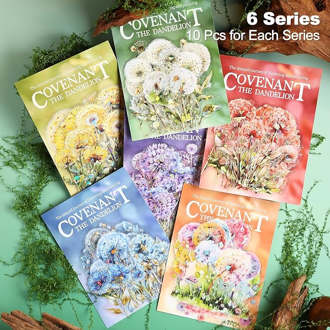 Dandelion Floral PET Stickers Set, 60PCS Holographic Botanical Flower Stickers for Scrapbooking, Journaling, DIY Crafts, and Art Supplies