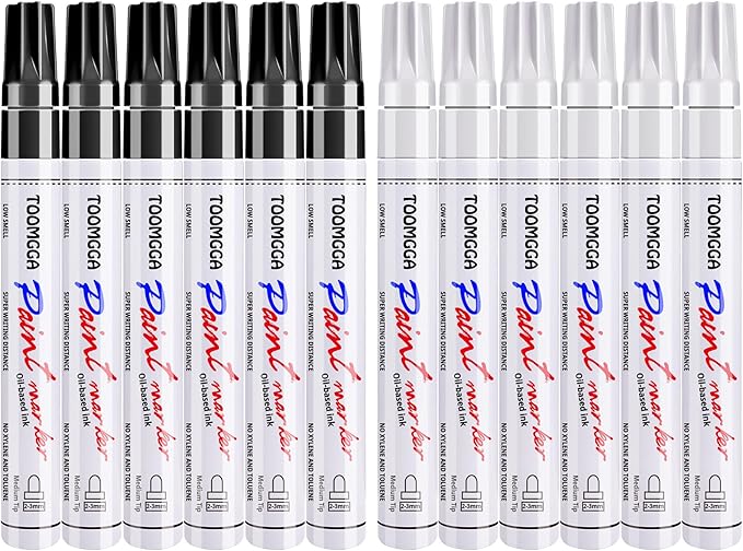 White and Black Permanent Markers Paint Pens - 12 Pack Oil Based Paint Markers, Medium Tip, Quick Drying Pens for Wood, Metal, Rock Painting, Mugs, Canvas, Clothes, Plastic Marking