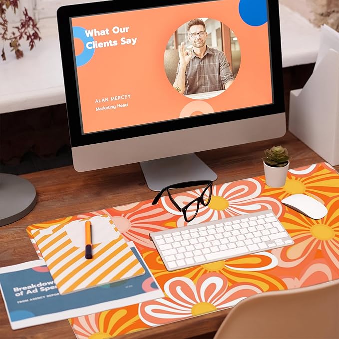 Desk Pad,Hippie Vintage Orange Flowers Desk Mat,Retro Floral Large Gaming Mouse Pad for Desk,Extended Big Computer Keyboard Mouse Pad with Non-Slip Base and Stitched Edge,35.4"x15.7"